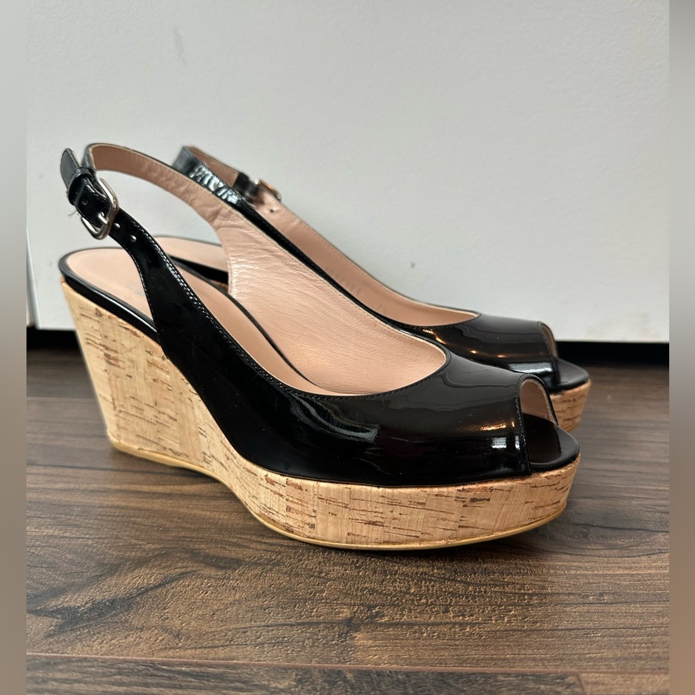 Stuart Weitzman Jean Patent Leather Slingback Wedge Sandals Black (Size 7.5)
